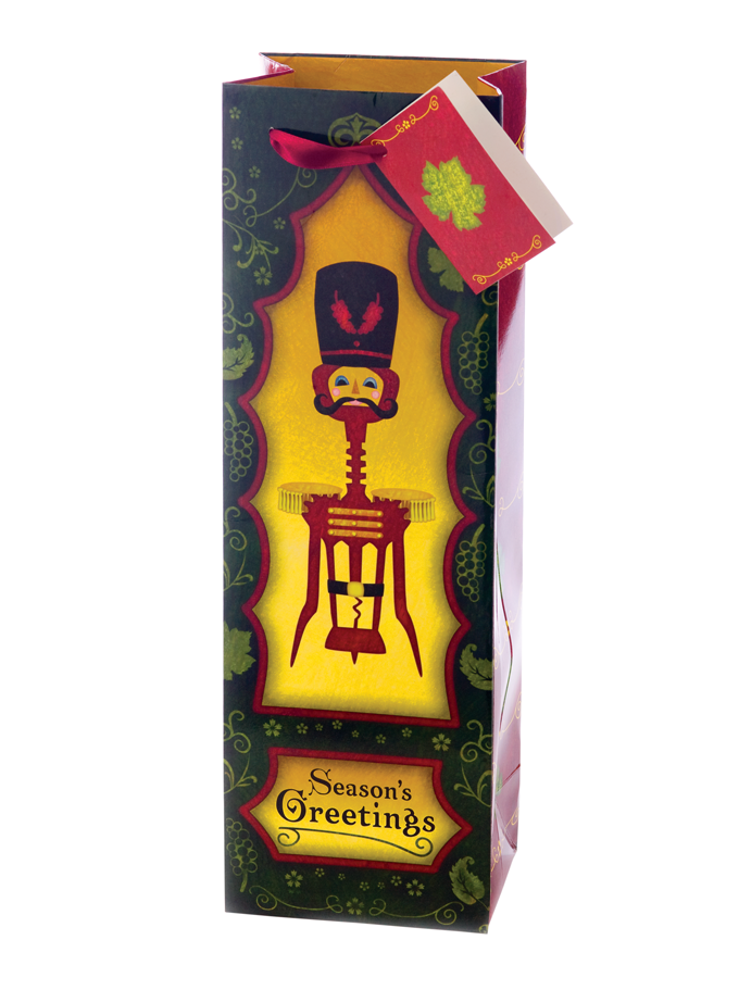 A corkscrew on a paper wine bag.
