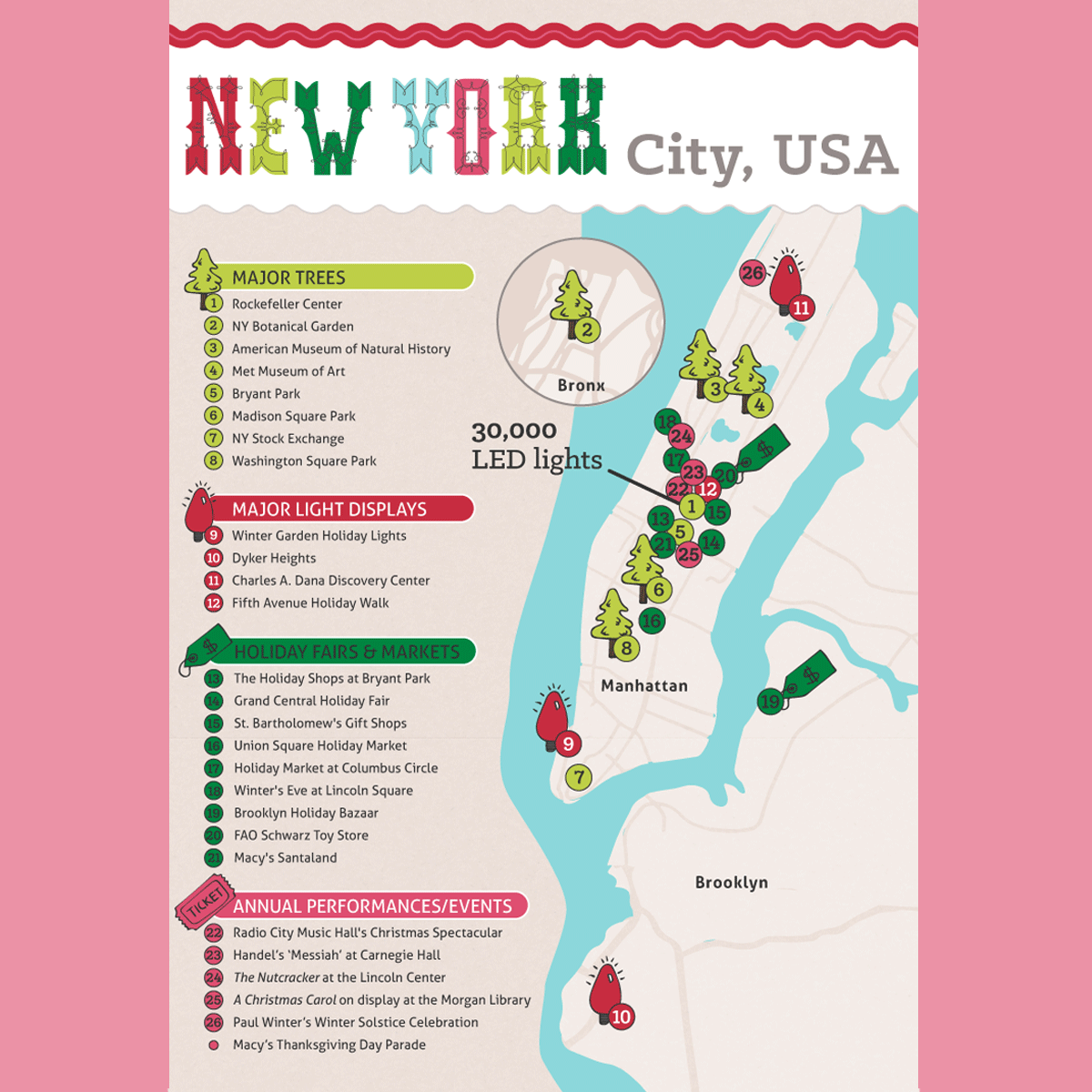 An illustrated map showing light displays in NYC.