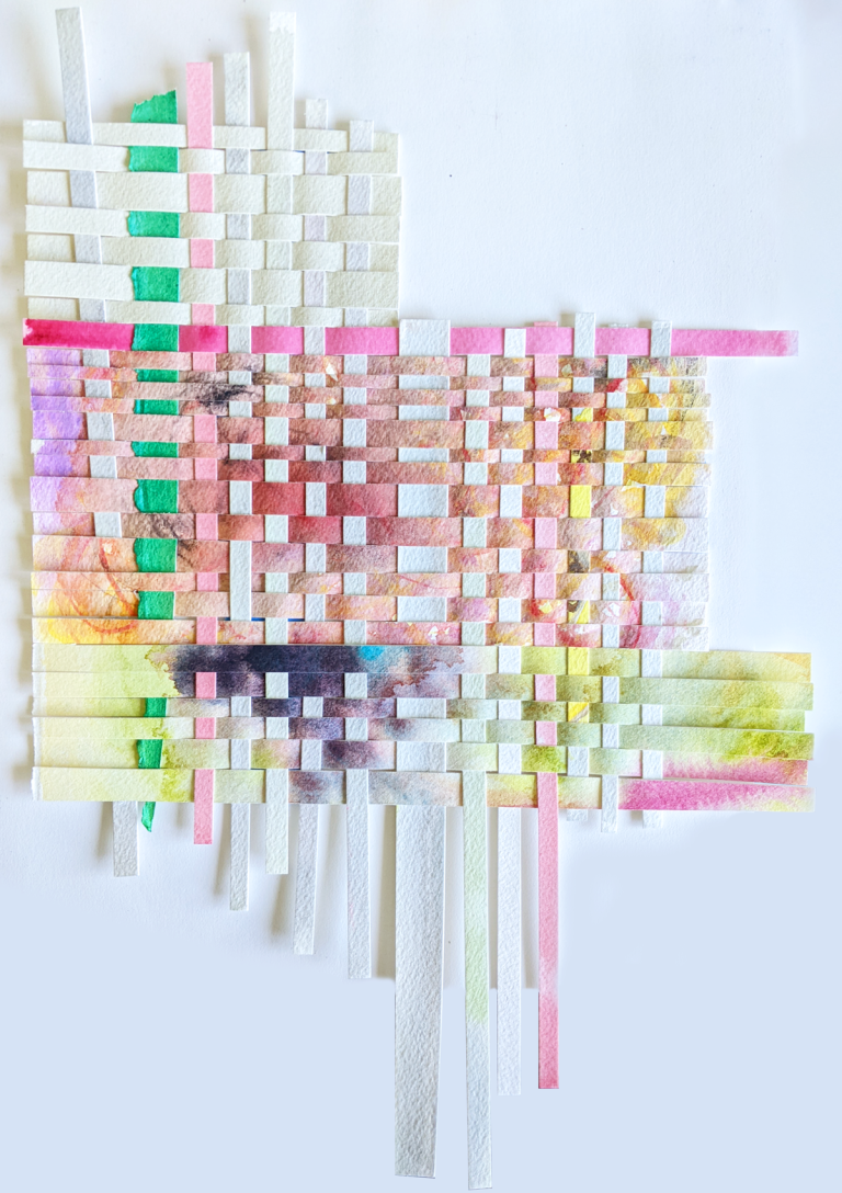 Watercolor weaving with red and pink.