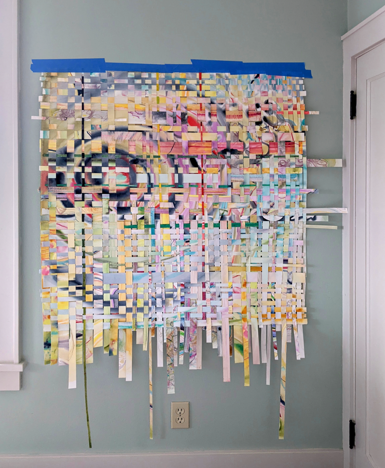 Watercolor weaving with red and pink.