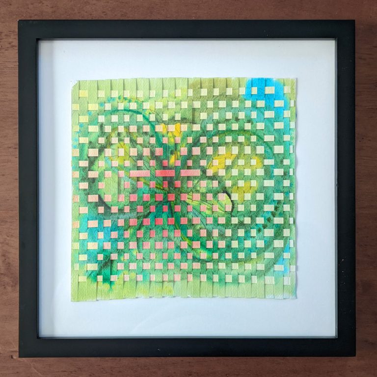 Watercolor weaving with blue and green.