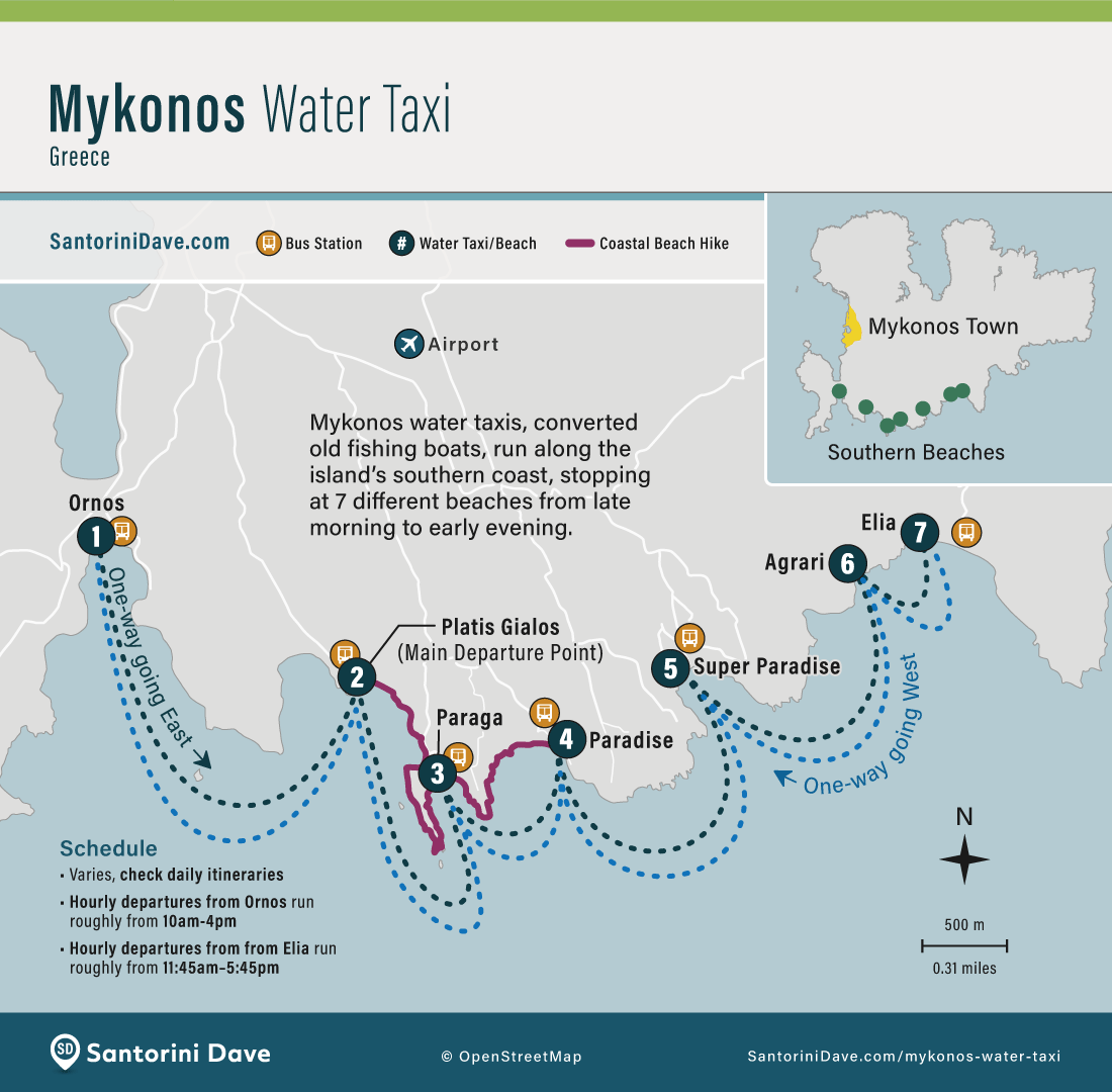 Mykonos water taxi boat map