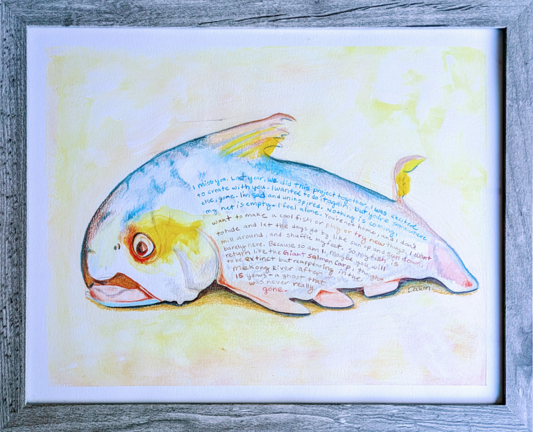 A drawing of a fish with text