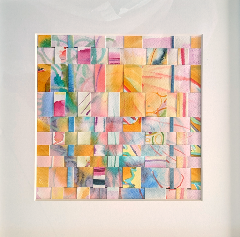 watercolor weaving of pink, orange, blue, and pink strips.