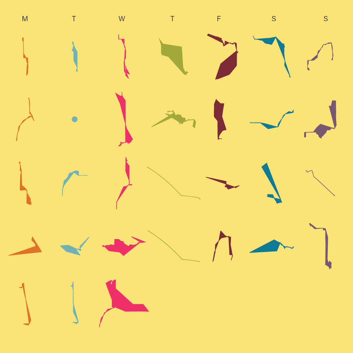 A yellow background shows a calendar with unique shapes