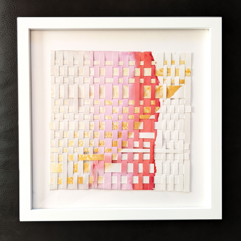 Watercolor weaving with red and pink.